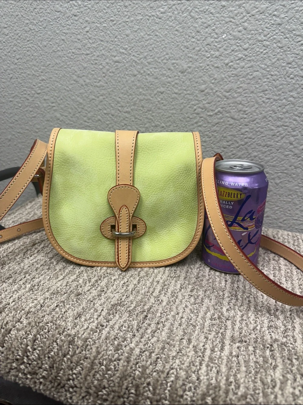 Rare Dooney & Bourke Nubuck/Suede Lime Green & Tan Leather Saddle BagCrossbody
